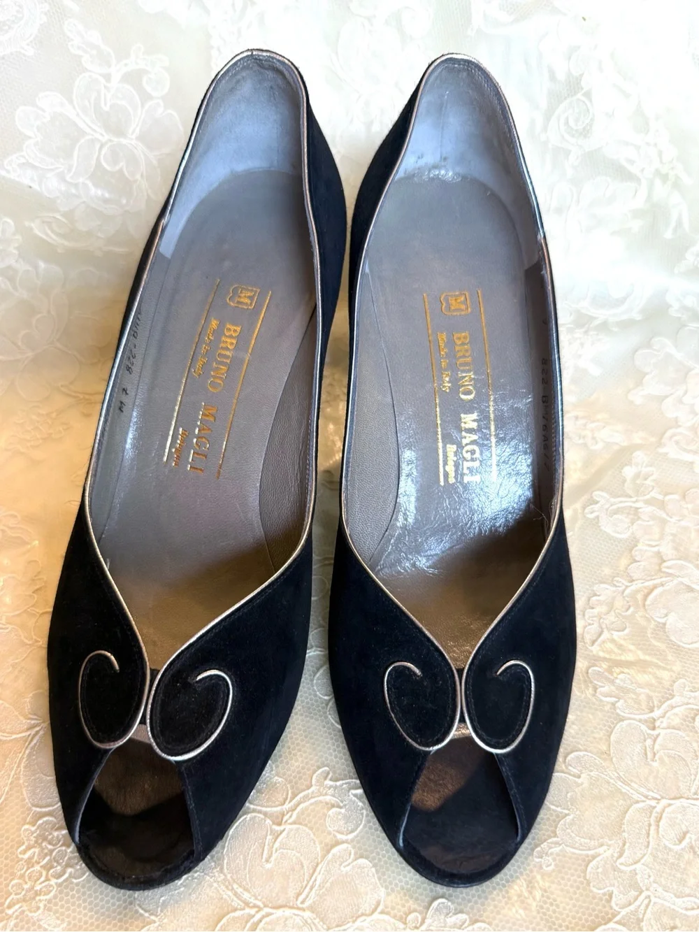 Bruno Magli Black Suede Peep-Toe Pumps with Silver Trim